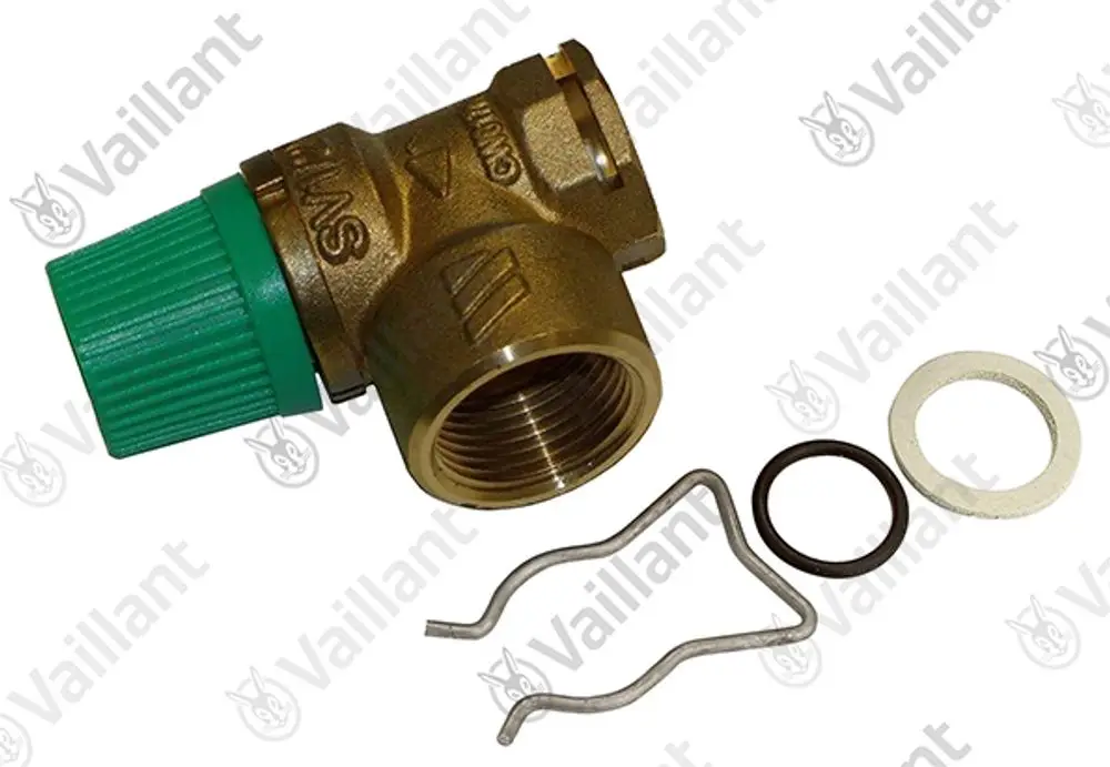 Vaillant Sicherheitsventil mit grünem Drehgriff, integrierten Dichtungen und einer Feder. Zubehörteile wie O-Ringe und eine Halterung sind enthalten.